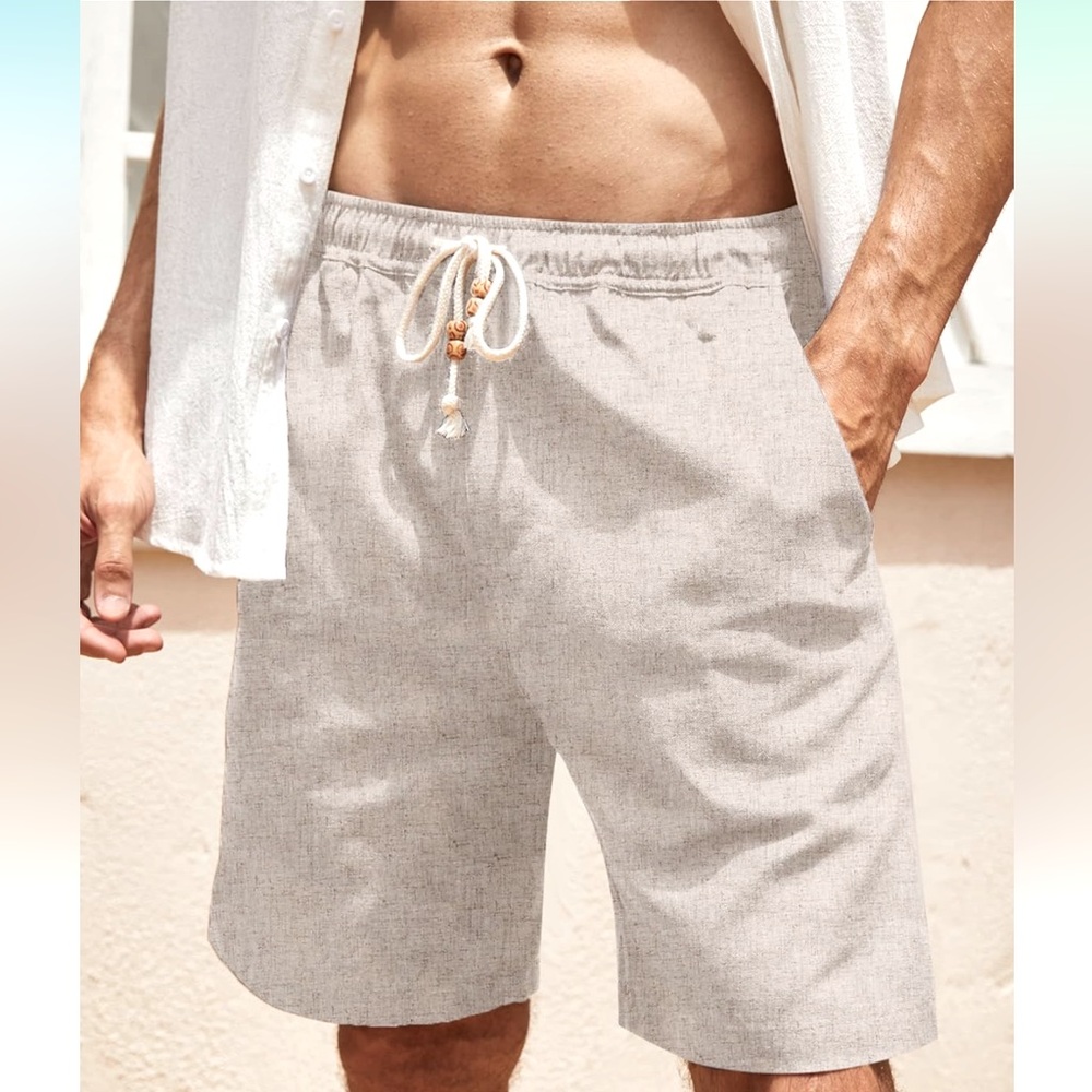 NWOT COOFANDY Linen Beach Shorts Elastic Waist Drawstring Pockets, Size X Large